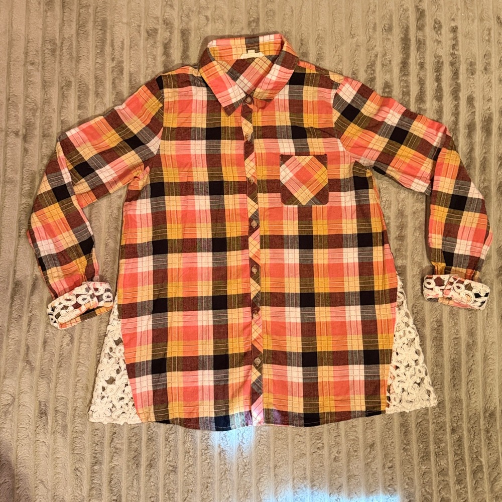 Hem & Thread Orange Plaid Lace Side Panel Button Down Shirt Women Small S - Picture 2 of 8